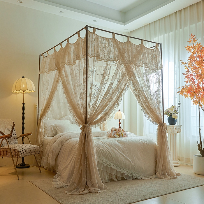 91家纺网 家纺一手货源 找家纺 都市缘蚊帐 2025新款A902穿杆落地宫廷蚊帐烤漆支架款 902薇尔庄园-奶油杏