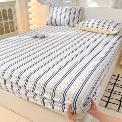 91家纺网 家纺一手货源 找家纺 眠博士2025新款全棉老粗布床笠 老粗布床笠-条纹蓝