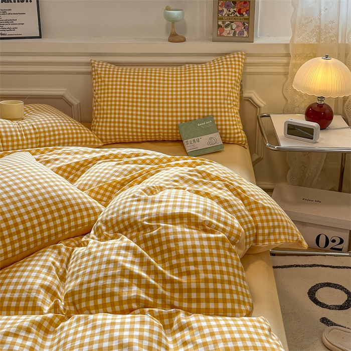 91家纺网 家纺一手货源 找家纺 盛秋家纺 2025新款水洗棉格子系列四件套 黄小格+云初黄