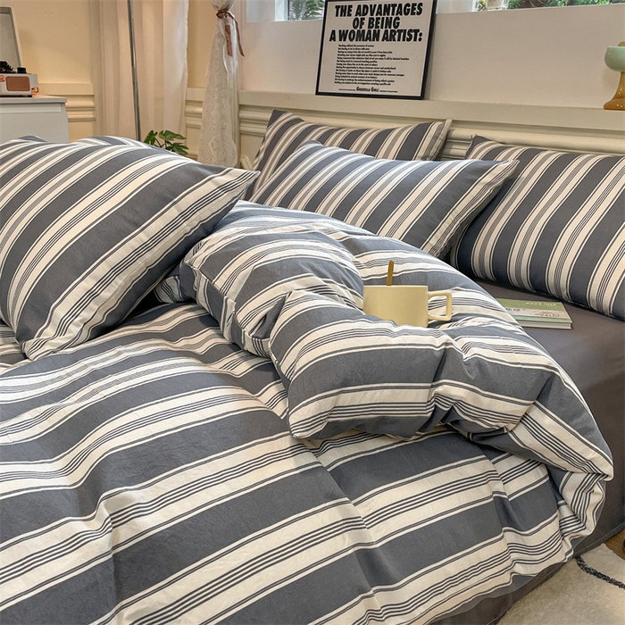 91家纺网 家纺一手货源 找家纺 盛秋家纺 2025新款水洗棉格子系列四件套黑灰中条+高级灰