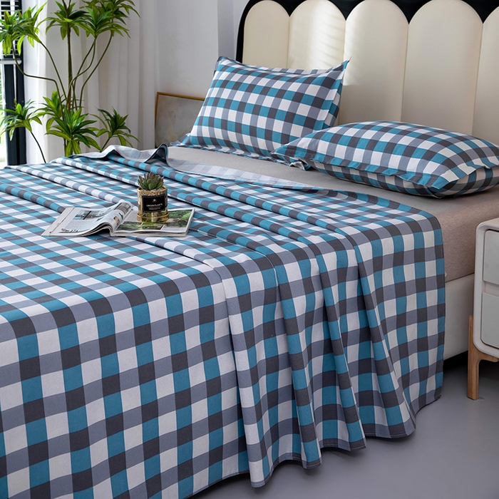 91家纺网 家纺一手货源 找家纺 帛洵2025新款原棉老粗布床单 灰蓝格子