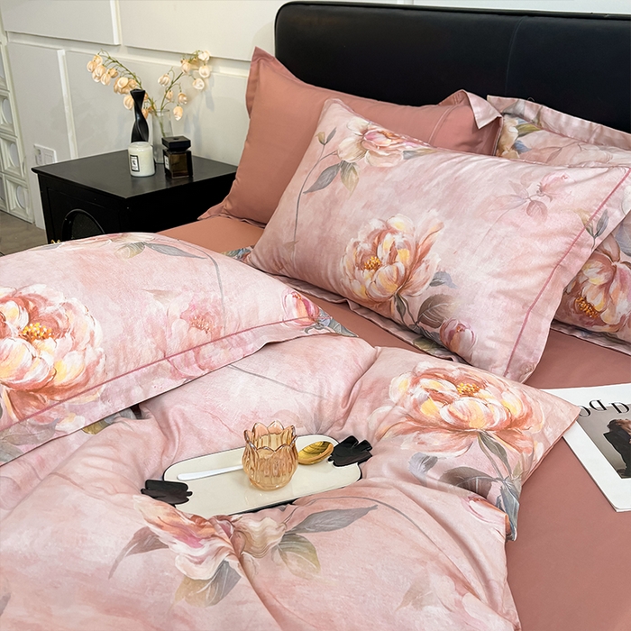 91家纺网 家纺一手货源 找家纺 帛美家纺 2025新款40S莱赛尔天丝棉数码印花四件套 荷露韵