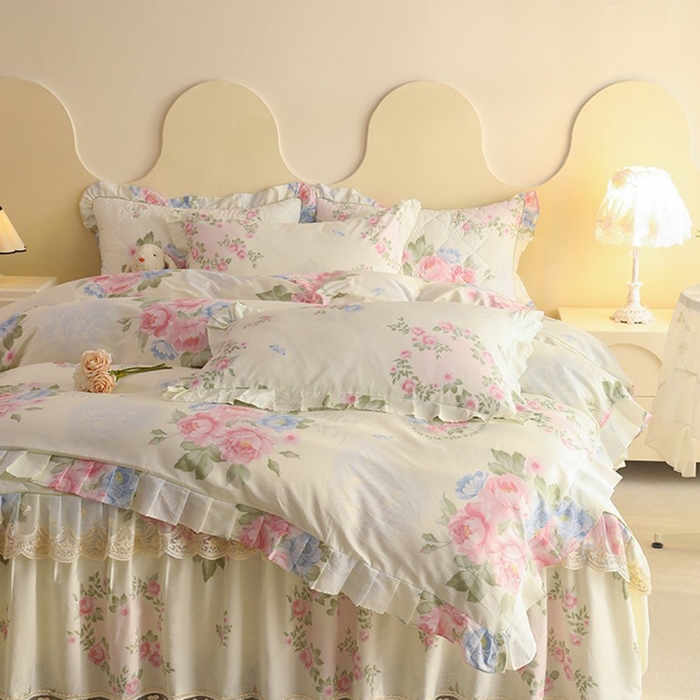 91家纺网 家纺一手货源 找家纺 美达家纺 2025新款全棉印花床裙四件套 法尔曼玫瑰