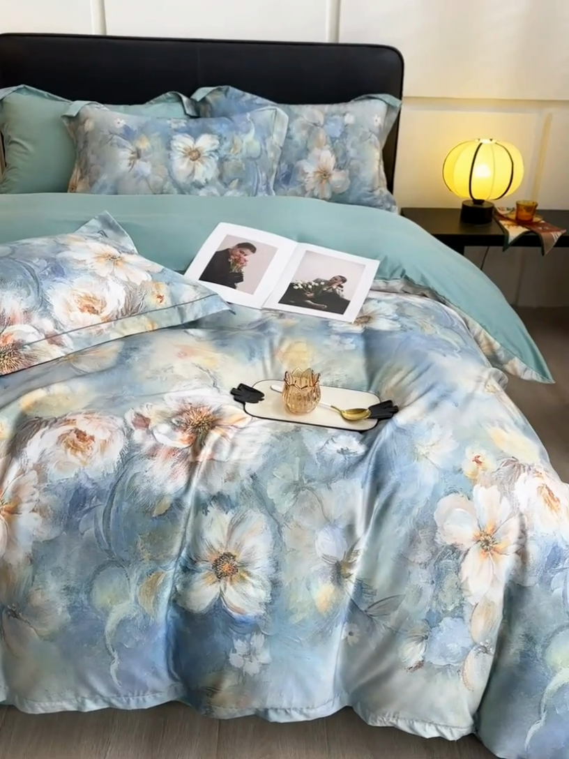 91家纺网 家纺一手货源 找家纺 帛美家纺 2025新款40S莱赛尔天丝棉数码印花四件套 花漾时光