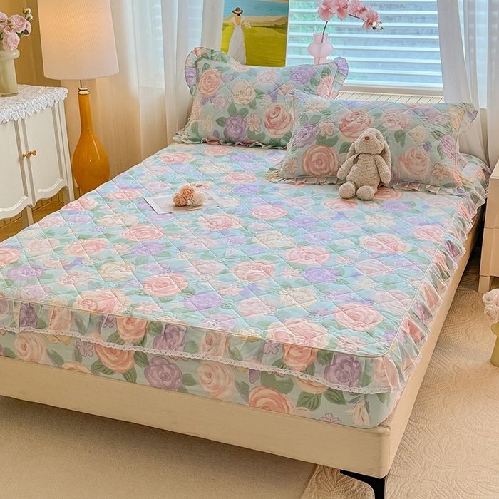 91家纺网 家纺一手货源 找家纺 美达家纺 2025新款全棉印花夹棉床笠 花幽兰-绿