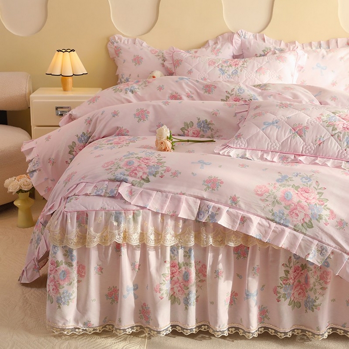 91家纺网 家纺一手货源 找家纺 美达家纺 2025新款全棉印花床裙四件套 夏花依旧