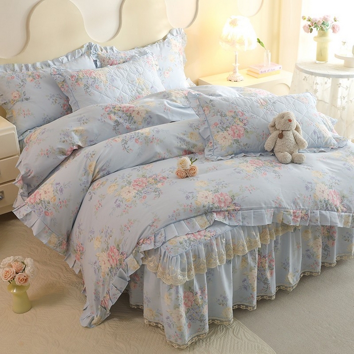 91家纺网 家纺一手货源 找家纺 美达家纺 2025新款全棉印花床裙四件套 栀夏海棠-蓝