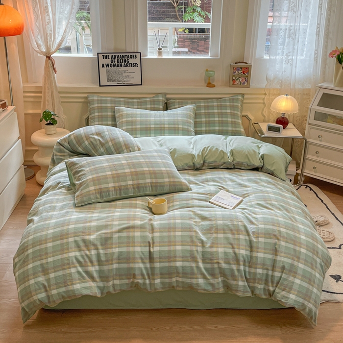 91家纺网 家纺一手货源 找家纺 盛秋家纺 2025新款水洗棉格子系列四件套 伯曼+灰绿