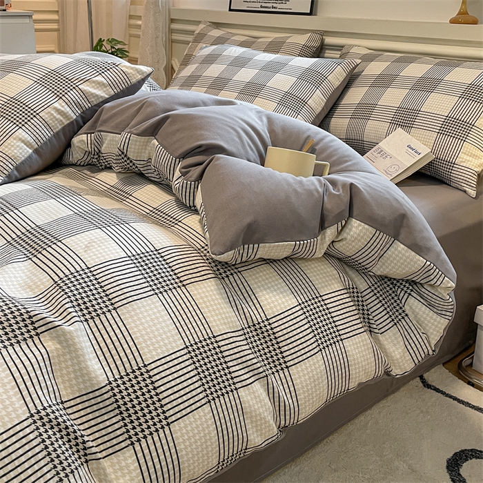 91家纺网 家纺一手货源 找家纺 盛秋家纺 2025新款水洗棉格子系列四件套罗格+中灰