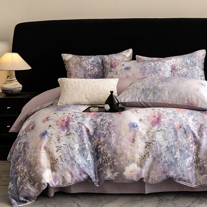 91家纺网 家纺一手货源 找家纺 立奥被业 2025年新款100%兰精天丝四件套天丝数码印花四件套 虞美人-紫