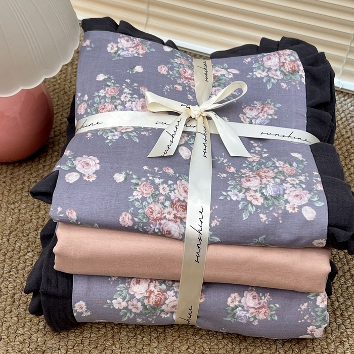 91家纺网 家纺一手货源 找家纺 荣轩 2024新款全棉印花双层纱四件套 皱皱纱花边款 知鸢