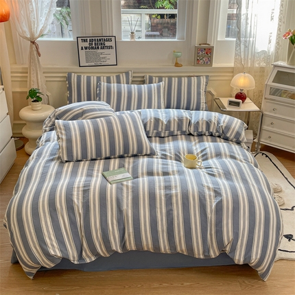 盛秋家纺 2025新款水洗棉格子系列四件套蓝灰中条+海清