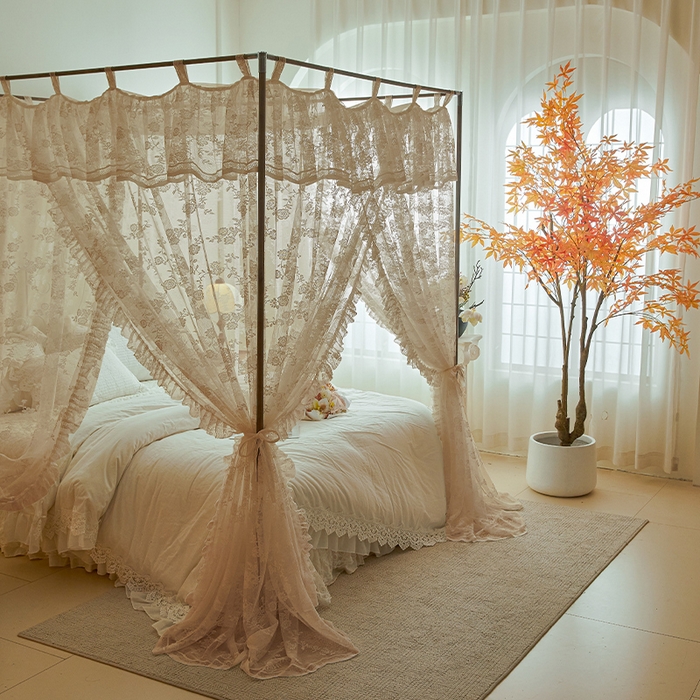 91家纺网 家纺一手货源 找家纺 都市缘蚊帐 2025新款A902穿杆落地宫廷蚊帐烤漆支架款 902可可庄园-奶油杏