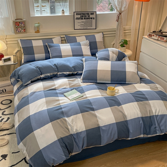 91家纺网 家纺一手货源 找家纺 盛秋家纺 2025新款水洗棉格子系列四件套 蓝大格+宾利蓝