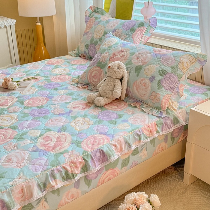 91家纺网 家纺一手货源 找家纺 美达家纺 2025新款全棉印花夹棉床笠 花幽兰-绿