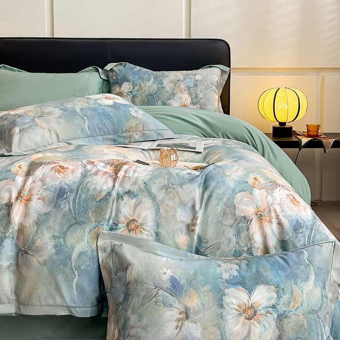 91家纺网 家纺一手货源 找家纺 帛美家纺 2025新款40S莱赛尔天丝棉数码印花四件套 花漾时光