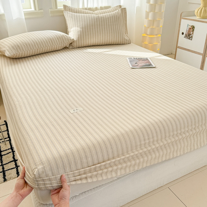 91家纺网 家纺一手货源 找家纺 眠博士2025新款 全棉双层纱 单床笠 双层纱床笠-灰咖条