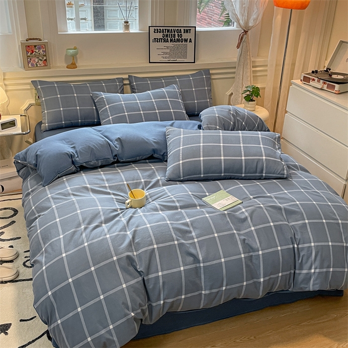 91家纺网 家纺一手货源 找家纺 盛秋家纺 2025新款水洗棉格子系列四件套 灰大格+蓝灰