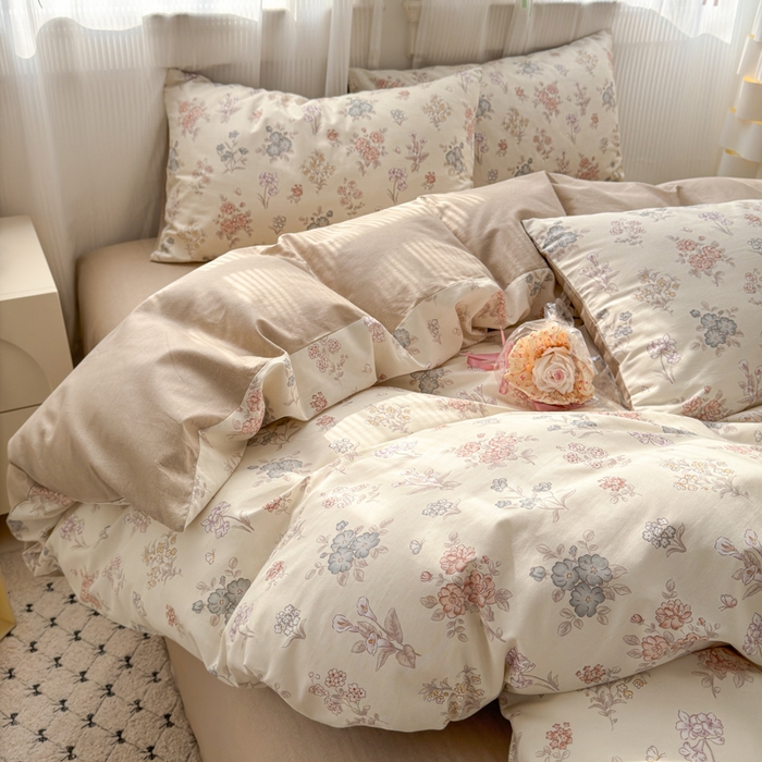 91家纺网 家纺一手货源 找家纺 清雅福 2025全棉13372小清新四件套和单被套早春系列第二批--四件套 夜伴花香·米