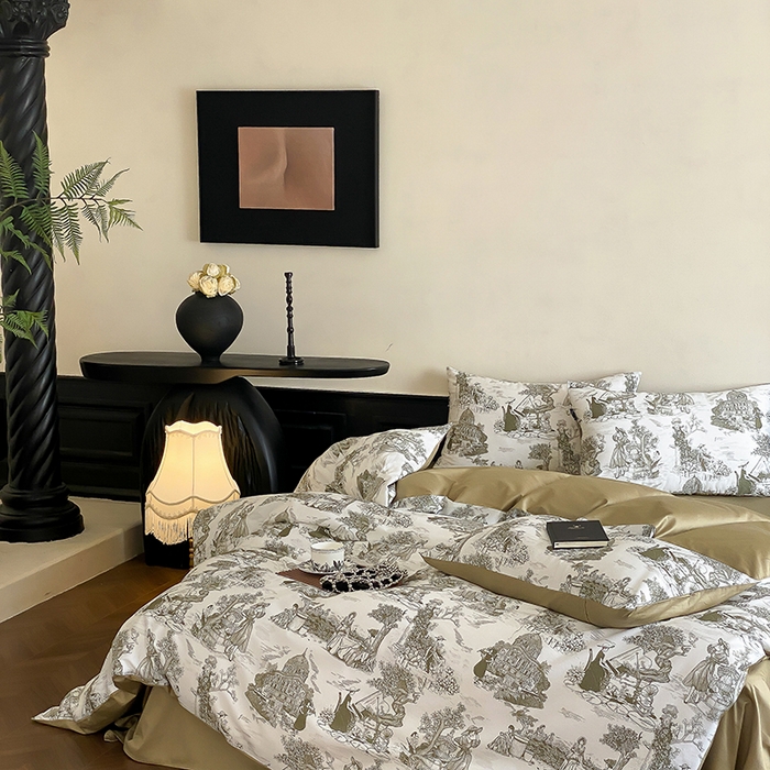 91家纺网 家纺一手货源 找家纺 赫帛 2025新款赫本猫联名系列四件套-南法庄园 南法庄园-复古绿