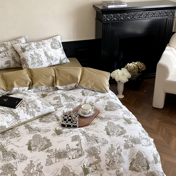 91家纺网 家纺一手货源 找家纺 赫帛 2025新款赫本猫联名系列四件套-南法庄园 南法庄园-复古绿