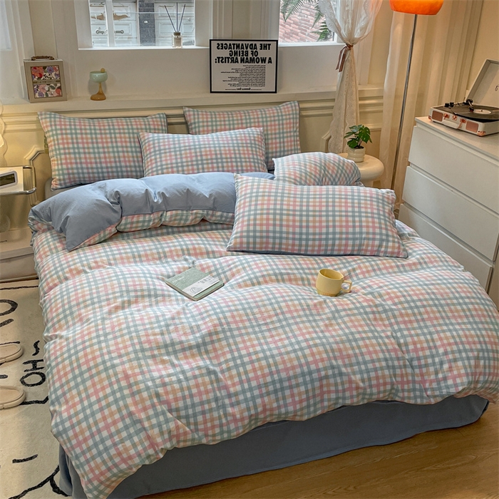 91家纺网 家纺一手货源 找家纺 盛秋家纺 2025新款水洗棉格子系列四件套 朵拉+海清