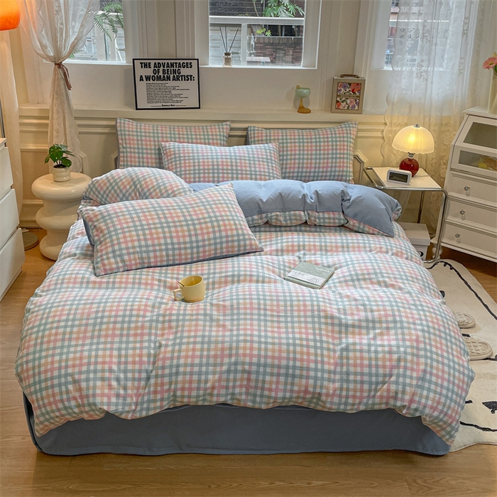 91家纺网 家纺一手货源 找家纺 盛秋家纺 2025新款水洗棉格子系列四件套 朵拉+海清