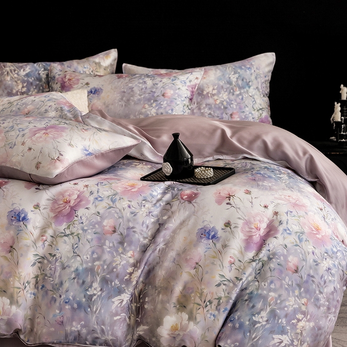 91家纺网 家纺一手货源 找家纺 立奥被业 2025年新款100%兰精天丝四件套天丝数码印花四件套 虞美人-紫