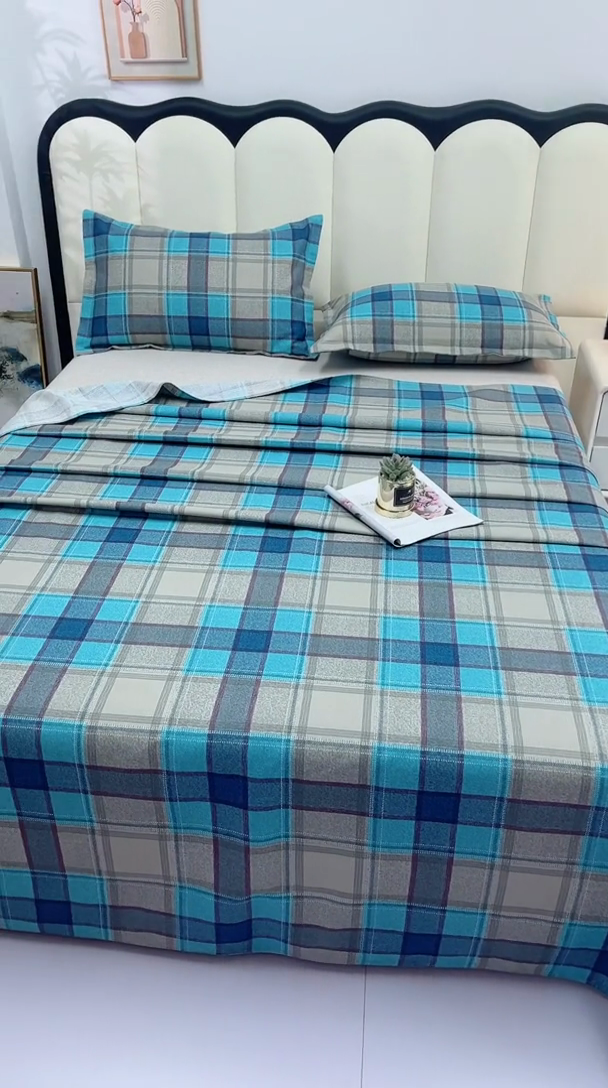 91家纺网 家纺一手货源 找家纺 帛洵2025新款原棉老粗布床单 灰蓝格