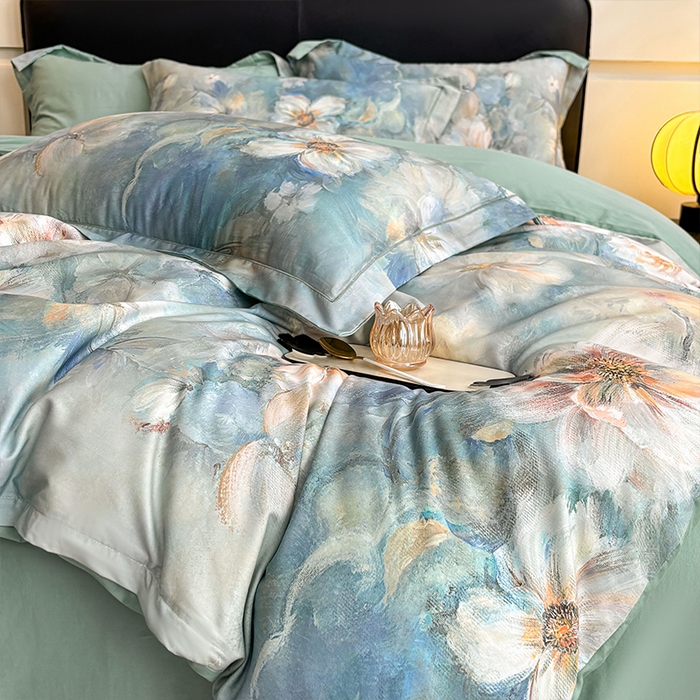 91家纺网 家纺一手货源 找家纺 帛美家纺 2025新款40S莱赛尔天丝棉数码印花四件套 花漾时光