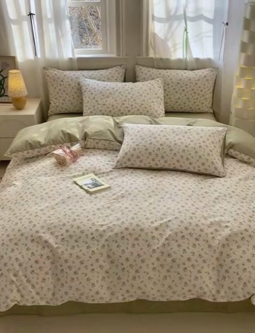 91家纺网 家纺一手货源 找家纺 清雅福 2025全棉13372小清新四件套和单被套早春系列第二批--四件套 秋雨花恋