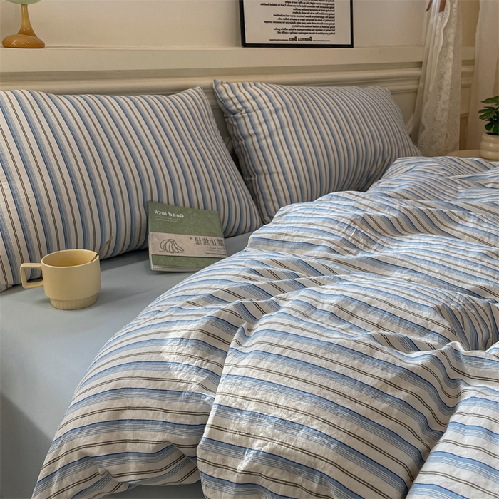 91家纺网 家纺一手货源 找家纺 盛秋家纺 2025新款水洗棉格子系列四件套蓝苏条+天空蓝