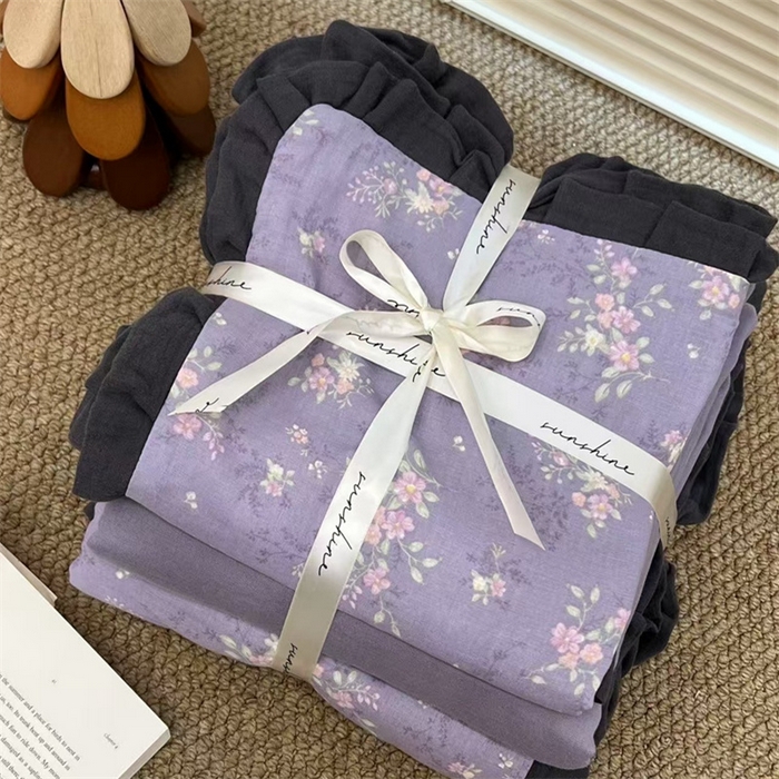 91家纺网 家纺一手货源 找家纺 荣轩 2024新款全棉印花双层纱四件套 皱皱纱花边款 闻汐