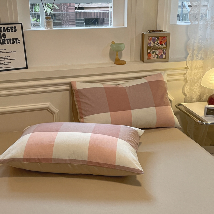 91家纺网 家纺一手货源 找家纺 盛秋家纺 2025新款水洗棉格子系列四件套 咖大格+奶茶