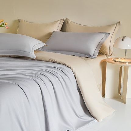 帛美家纺 2025春夏新款莫兰迪色40S莱赛尔双拼天丝棉四件套 云母灰-黄灰