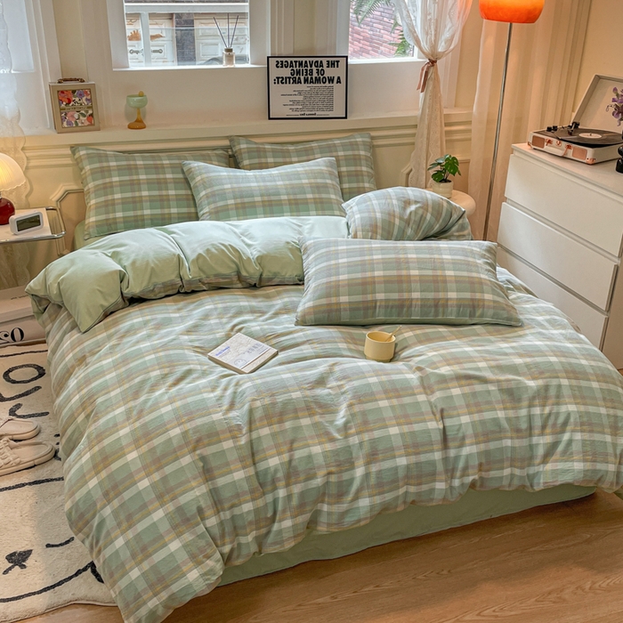 91家纺网 家纺一手货源 找家纺 盛秋家纺 2025新款水洗棉格子系列四件套 伯曼+灰绿