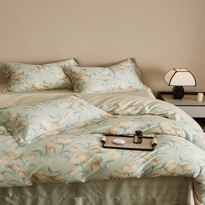 91家纺网 家纺一手货源 找家纺 顾家家居 2025新款莱塞尔数码印花四件套 林间蜜杏