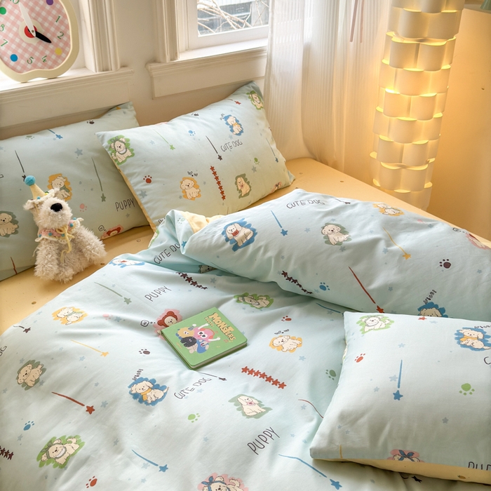 91家纺网 家纺一手货源 找家纺 清雅福 2025全棉13372小清新四件套和单被套早春系列第二批--单被套 旺柴犬·蓝