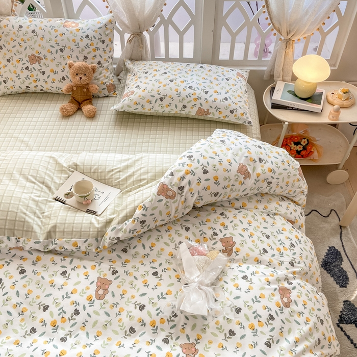 91家纺网 家纺一手货源 找家纺 帅露家纺 2025开春新品全棉喷气13070小清新印花纯棉全棉四件套 朵朵熊