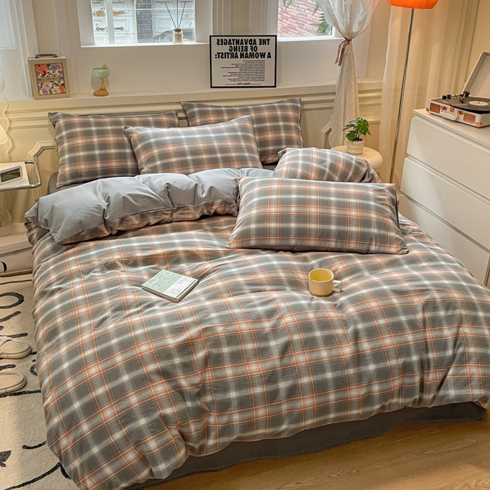 91家纺网 家纺一手货源 找家纺 盛秋家纺 2025新款水洗棉格子系列四件套 洛卡+中灰