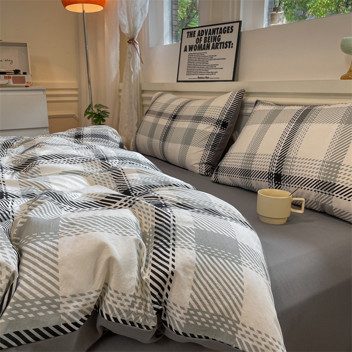 91家纺网 家纺一手货源 找家纺 盛秋家纺 2025新款水洗棉格子系列四件套格瑞斯+中灰