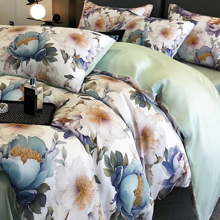 91家纺网 家纺一手货源 找家纺 立奥被业 2025年新款100%兰精天丝四件套天丝数码印花四件套 牡丹绿