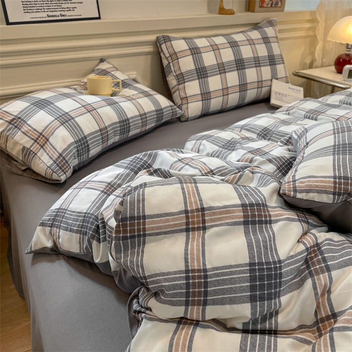 91家纺网 家纺一手货源 找家纺 盛秋家纺 2025新款水洗棉格子系列四件套瑞克+中灰