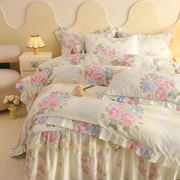 91家纺网 家纺一手货源 找家纺 美达家纺 2025新款全棉印花床裙四件套 法尔曼玫瑰