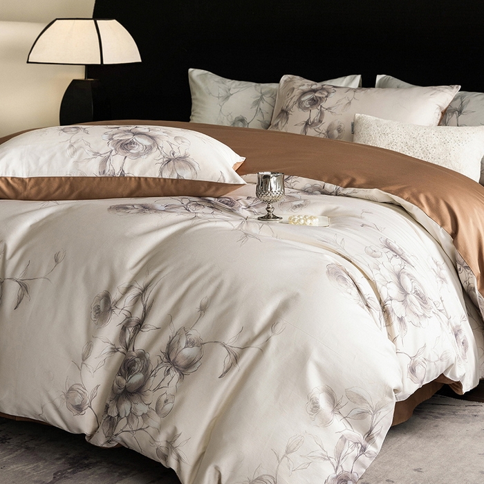 91家纺网 家纺一手货源 找家纺 立奥被业 2025新款60S数码印花四件套四件套 玫瑰咖