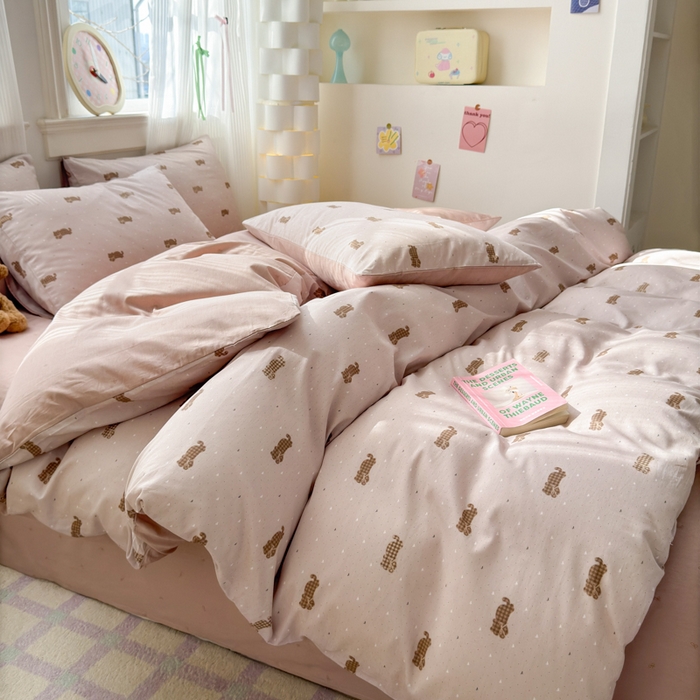 91家纺网 家纺一手货源 找家纺 清雅福 2025全棉13372小清新四件套和单被套早春系列第二批--四件套 喵小喵·咖