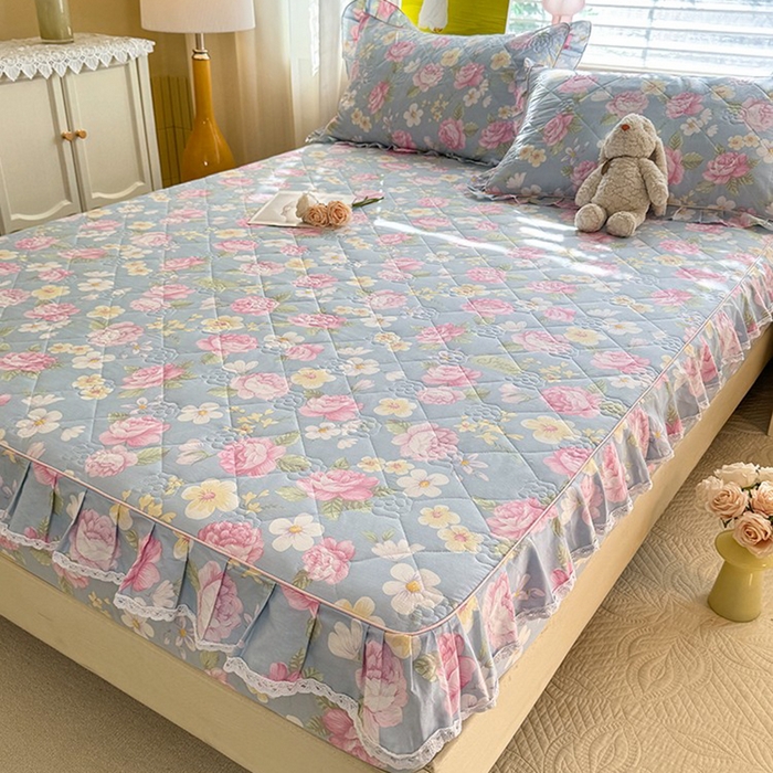 91家纺网 家纺一手货源 找家纺 美达家纺 2025新款全棉印花夹棉床笠 纷然花朵