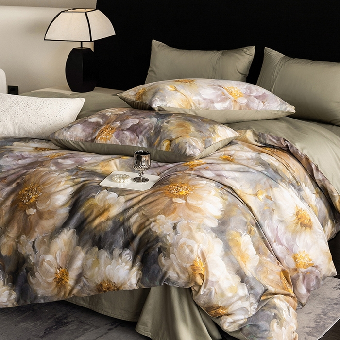 91家纺网 家纺一手货源 找家纺 立奥被业 2025新款60S数码印花四件套四件套 秋菊绿