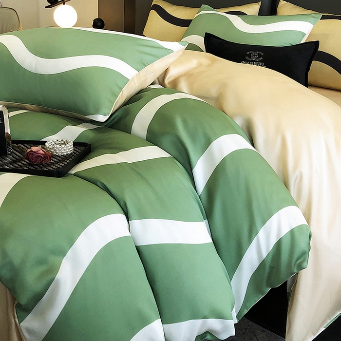 91家纺网 家纺一手货源 找家纺 立奥被业 2025年新款100%兰精天丝四件套天丝数码印花四件套 条纹绿