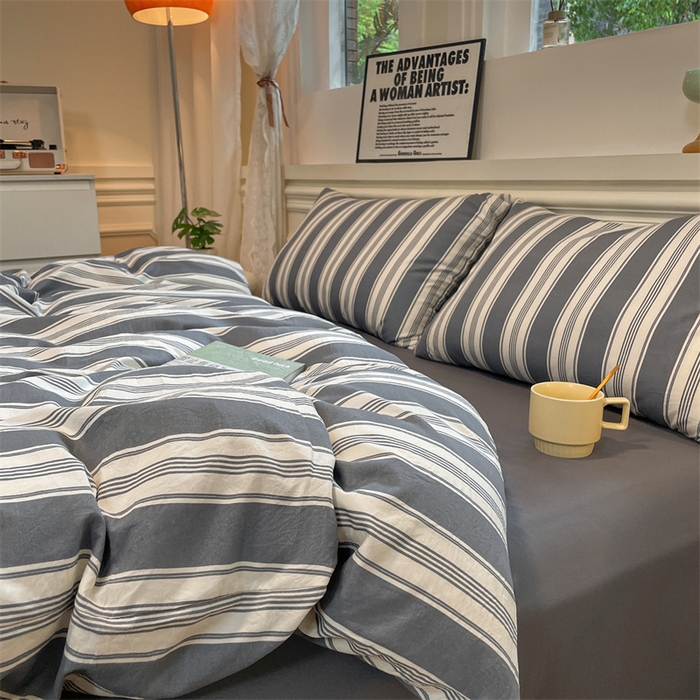 91家纺网 家纺一手货源 找家纺 盛秋家纺 2025新款水洗棉格子系列四件套黑灰中条+高级灰